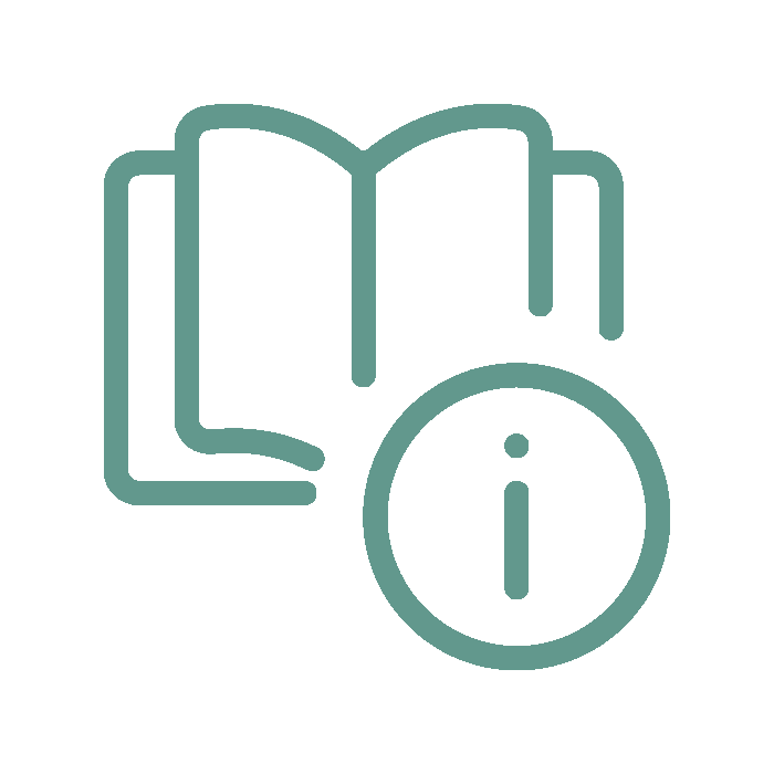 Icon of an open book with an information symbol on a white background
