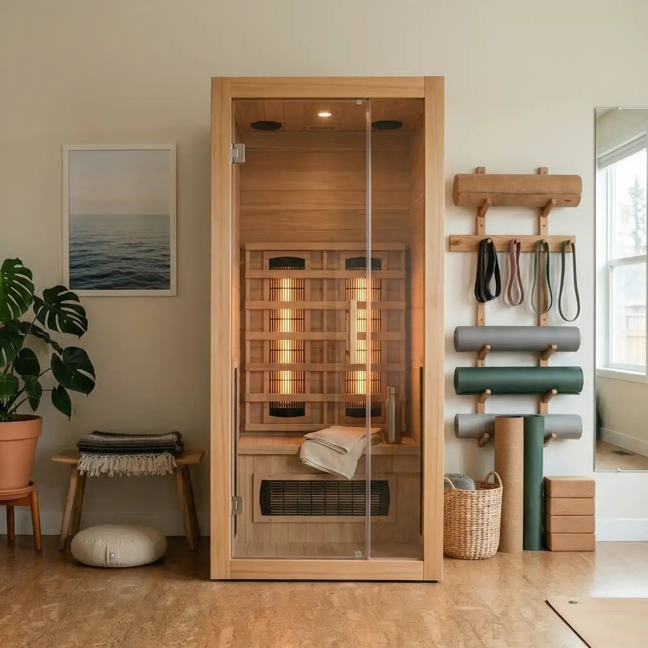 Infrared sauna for home with glowing heater panels, a glass door, and wellness accessories nearby. A one person infrared sauna design that fits naturally into a calm home wellness room.