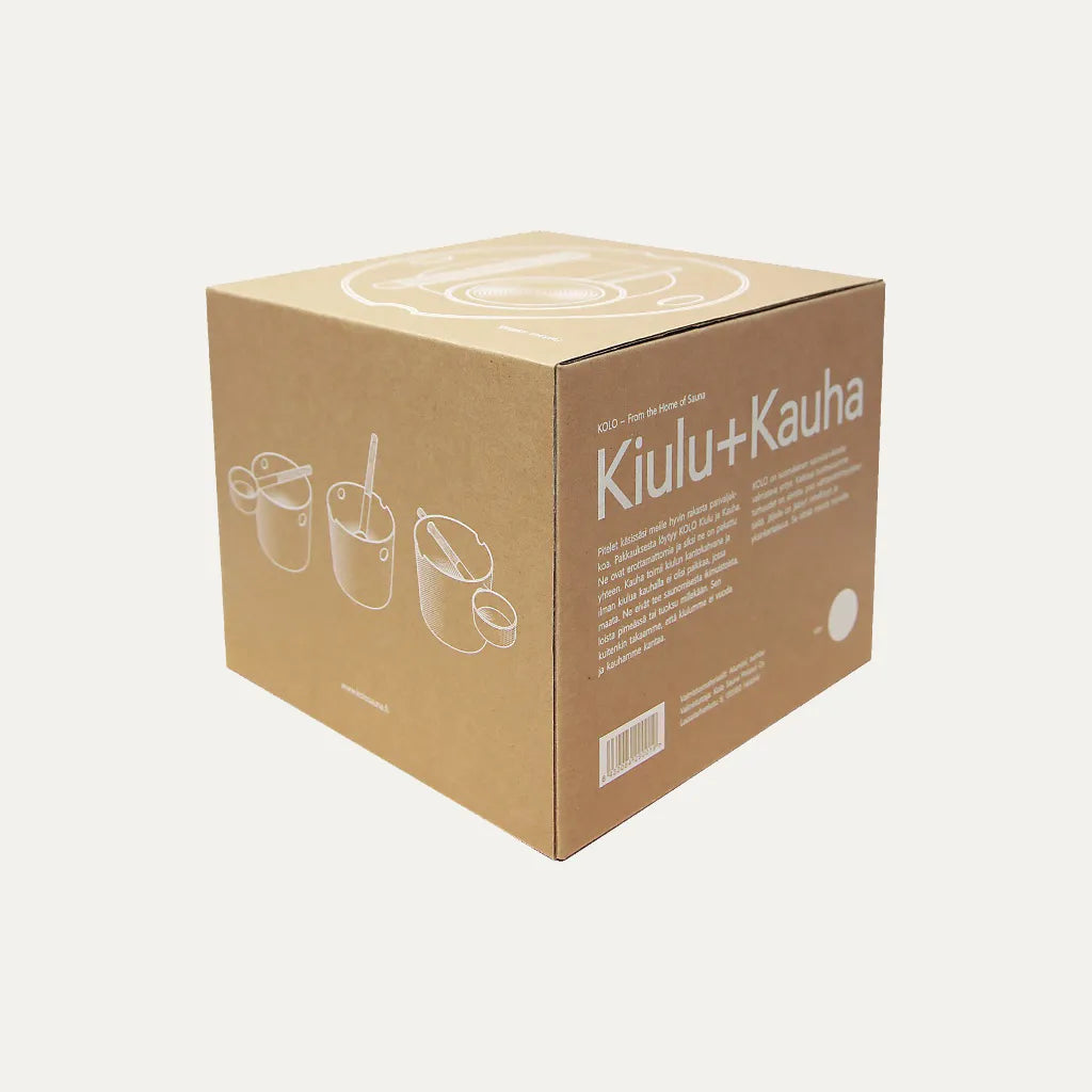 Retail packaging for KOLO Bucket+Ladle Black, showing the kraft box with white product illustrations and Finnish sauna design branding.