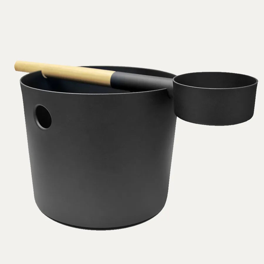 KOLO Bucket+Ladle Black with a bamboo-handled ladle resting through the aluminium bucket, designed so the ladle also works as the handle.