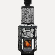Harvia WP250LD Sauna Water Heater for Legend Stoves, 25 Liter, front view with heated stones, glass fire window, and chimney on white background