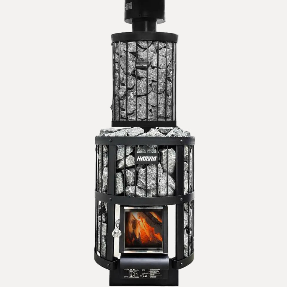 Harvia WP250LD Sauna Water Heater for Legend Stoves, 25 Liter, front view with heated stones, glass fire window, and chimney on white background