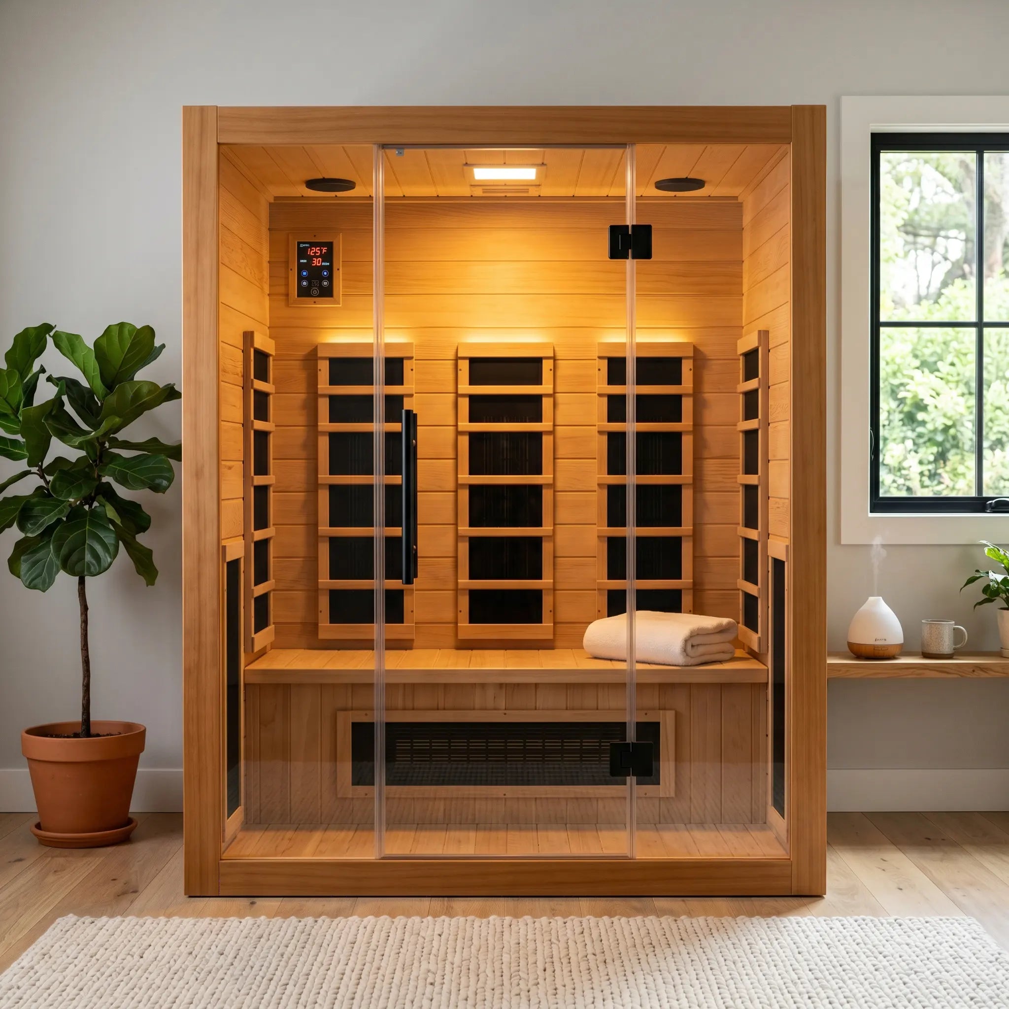 Low EMF infrared sauna, a two person cedar cabin with carbon far infrared heaters and a digital control panel