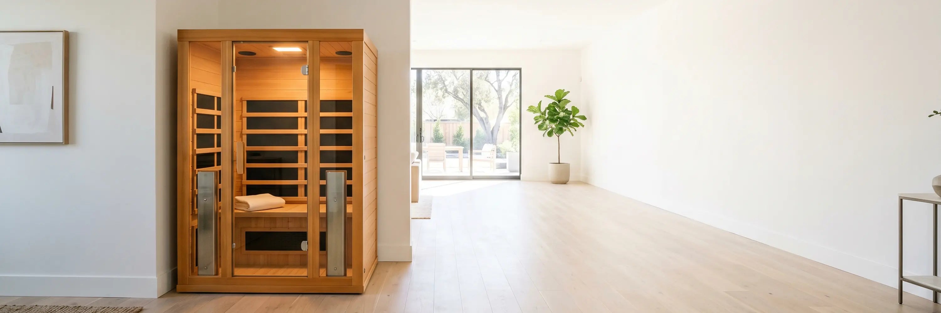 Low EMF infrared saunas, a cedar cabin with carbon heaters in a bright modern room with sliding glass doors to a garden patio