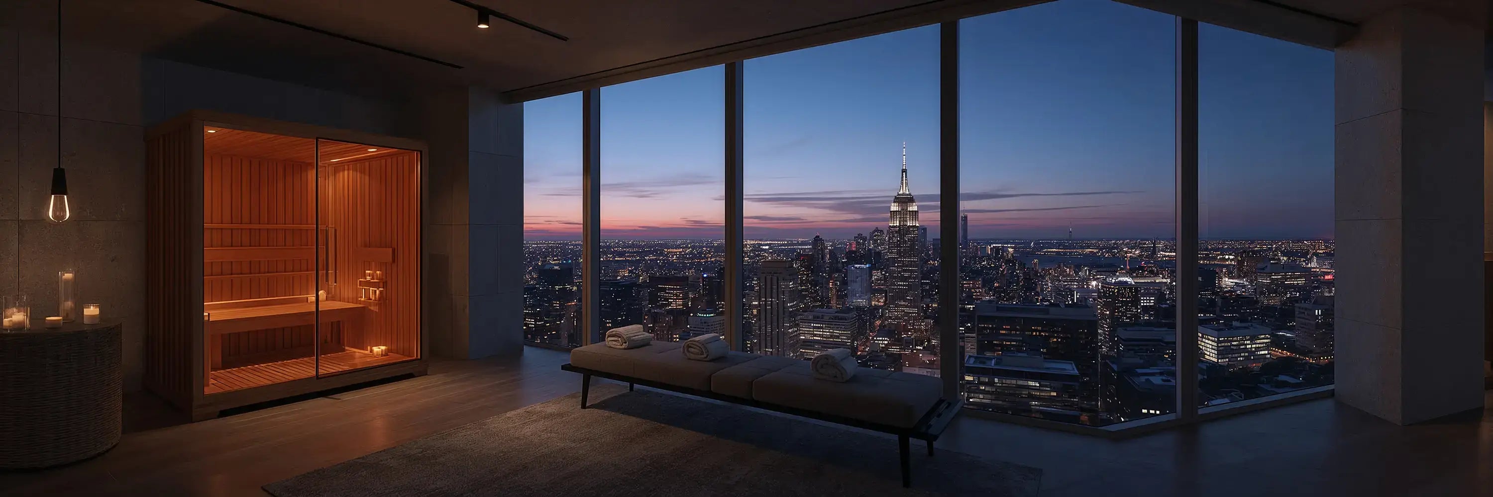 Infrared sauna for home use in a luxury interior with skyline views, bench seating, and a sleek glass front. A modern home infrared sauna with the feel of a best home infrared sauna.