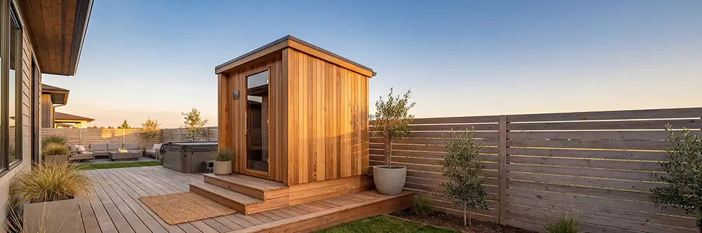 Cabin Saunas banner with a modern outdoor cabin sauna, one of our external sauna cabins on a raised backyard deck beside the home.