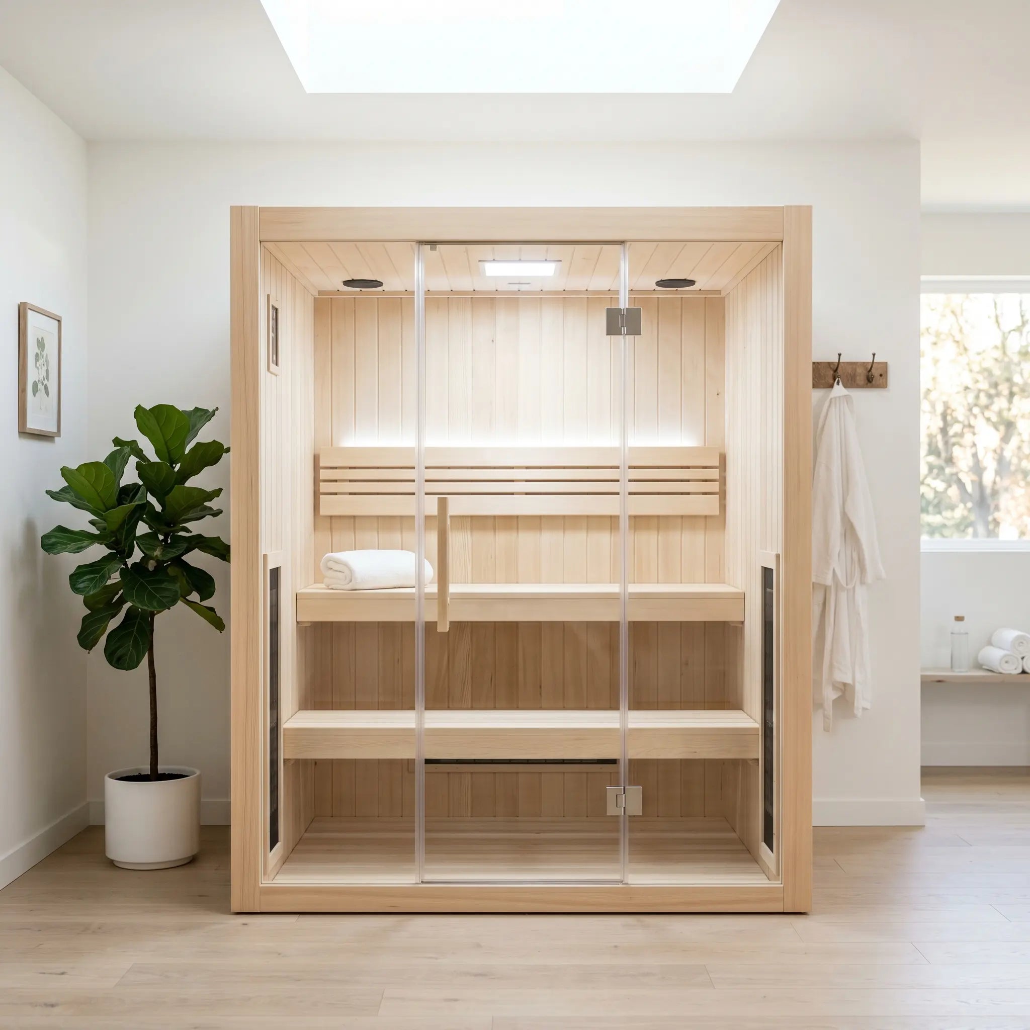 Near-zero EMF infrared sauna, a light hemlock cabin under a skylight in a clean bright home with a hanging robe
