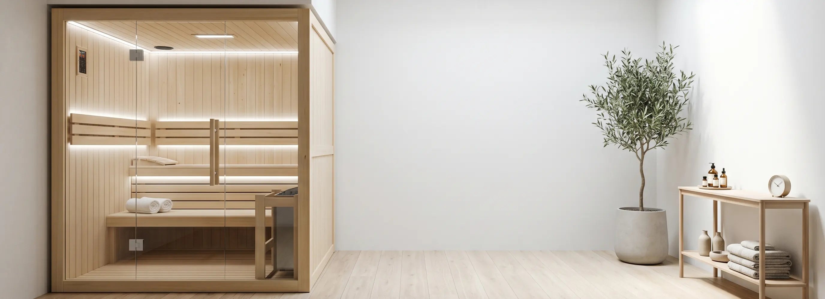 Near-zero EMF infrared saunas, a light wood cabin with a glass door in a bright minimalist room with an olive tree