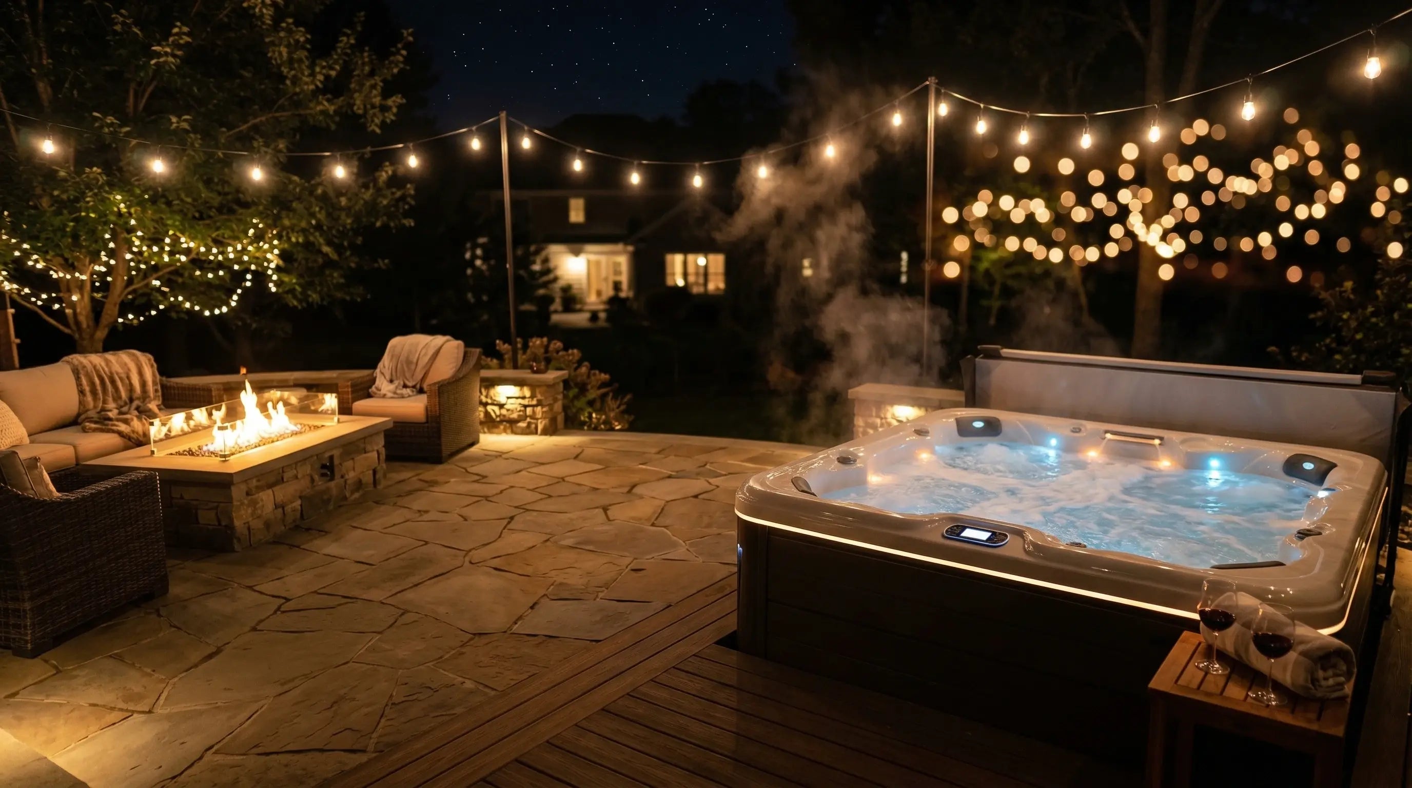 Outdoor patio with hot tub, fire pit, and string lights at night.