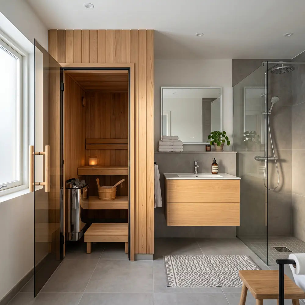 Modern home sauna with a glass door installed in a bathroom, featuring wood paneling, a heater with stones, and a nearby walk-in shower and vanity in a clean, minimalist space.
