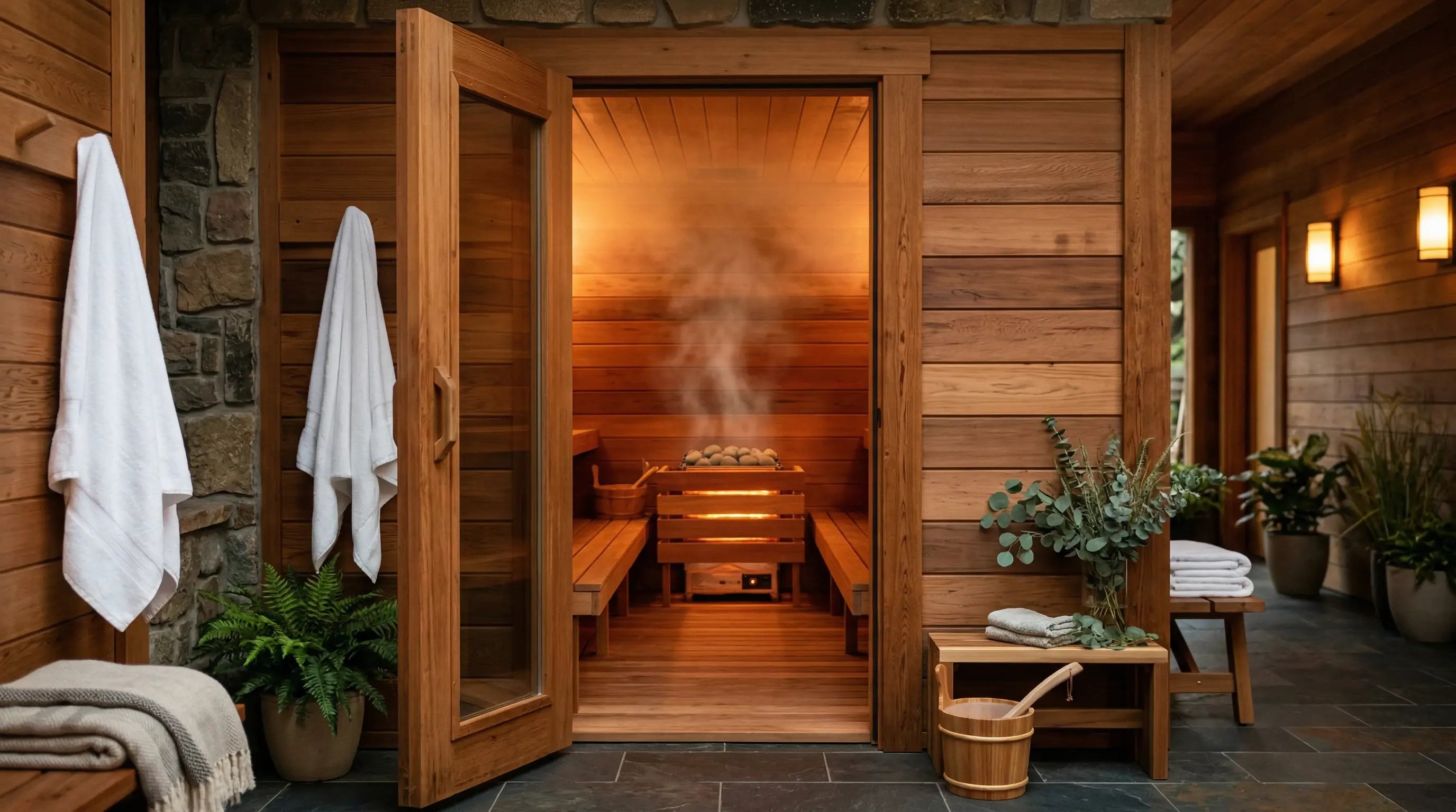 Wooden sauna with steam rising, towels hanging, and plants around.