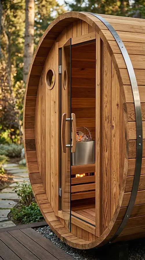 Outdoor cedar barrel sauna with a glass door and warm interior lighting on a backyard deck.