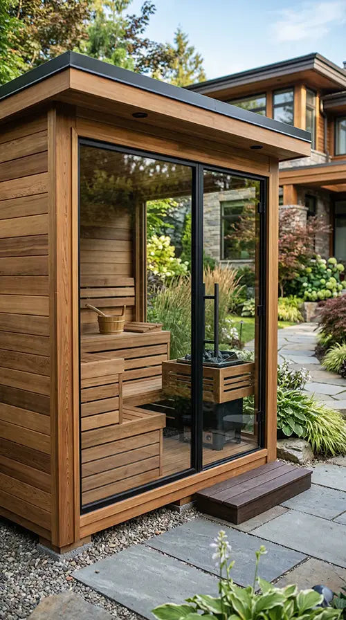 Modern outdoor home sauna with a glass front and wood exterior installed in a landscaped backyard.