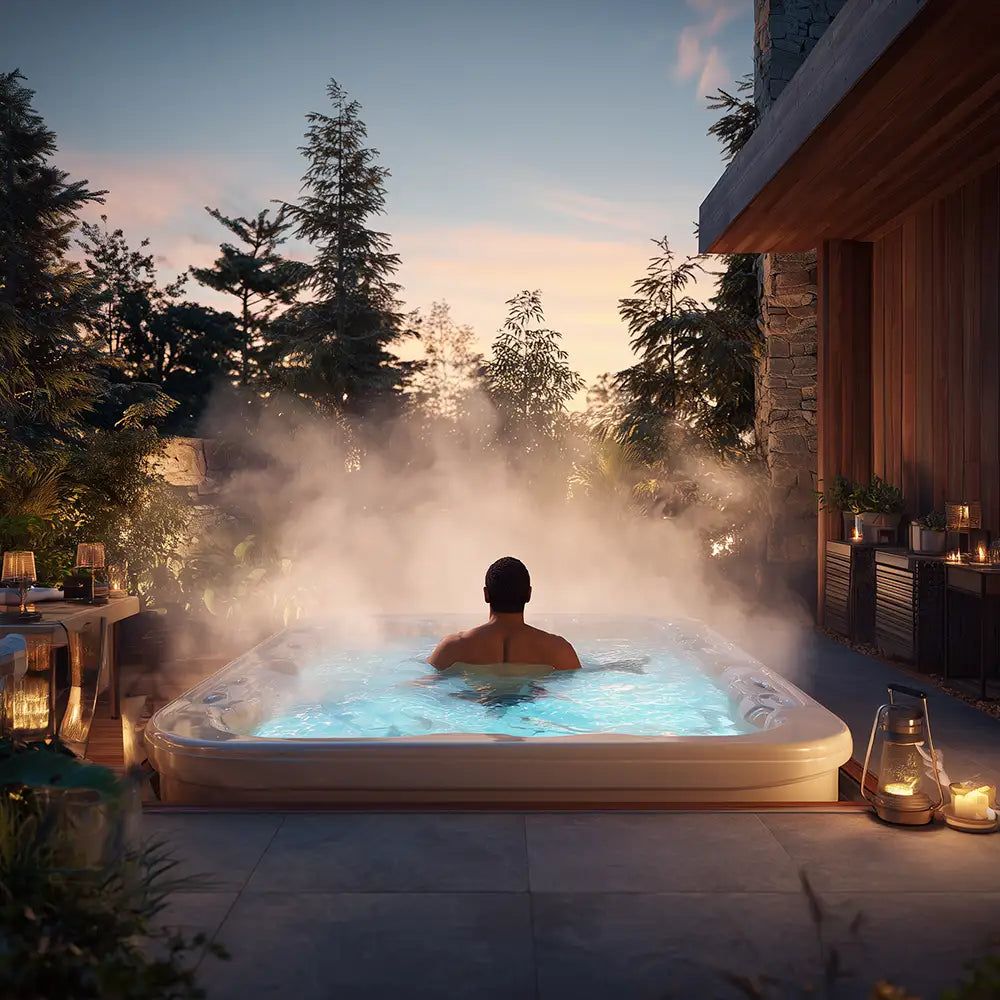 Person relaxing in an outdoor hot tub at dusk with steam rising in a backyard setting.