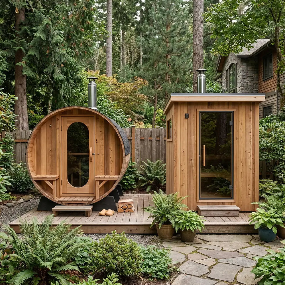 Outdoor saunas with barrel and cabin models in a landscaped backyard. Highlights outdoor sauna kits, outdoor home sauna styles, and outdoor sauna designs for buyers looking for an outdoor sauna for sale.