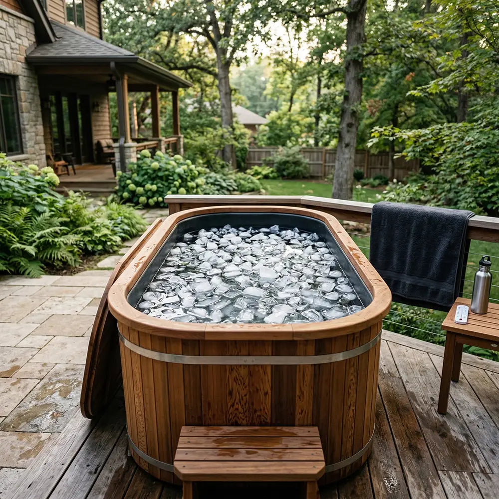 Outdoor wooden cold plunge tub filled with ice on a backyard deck surrounded by trees and garden landscaping.