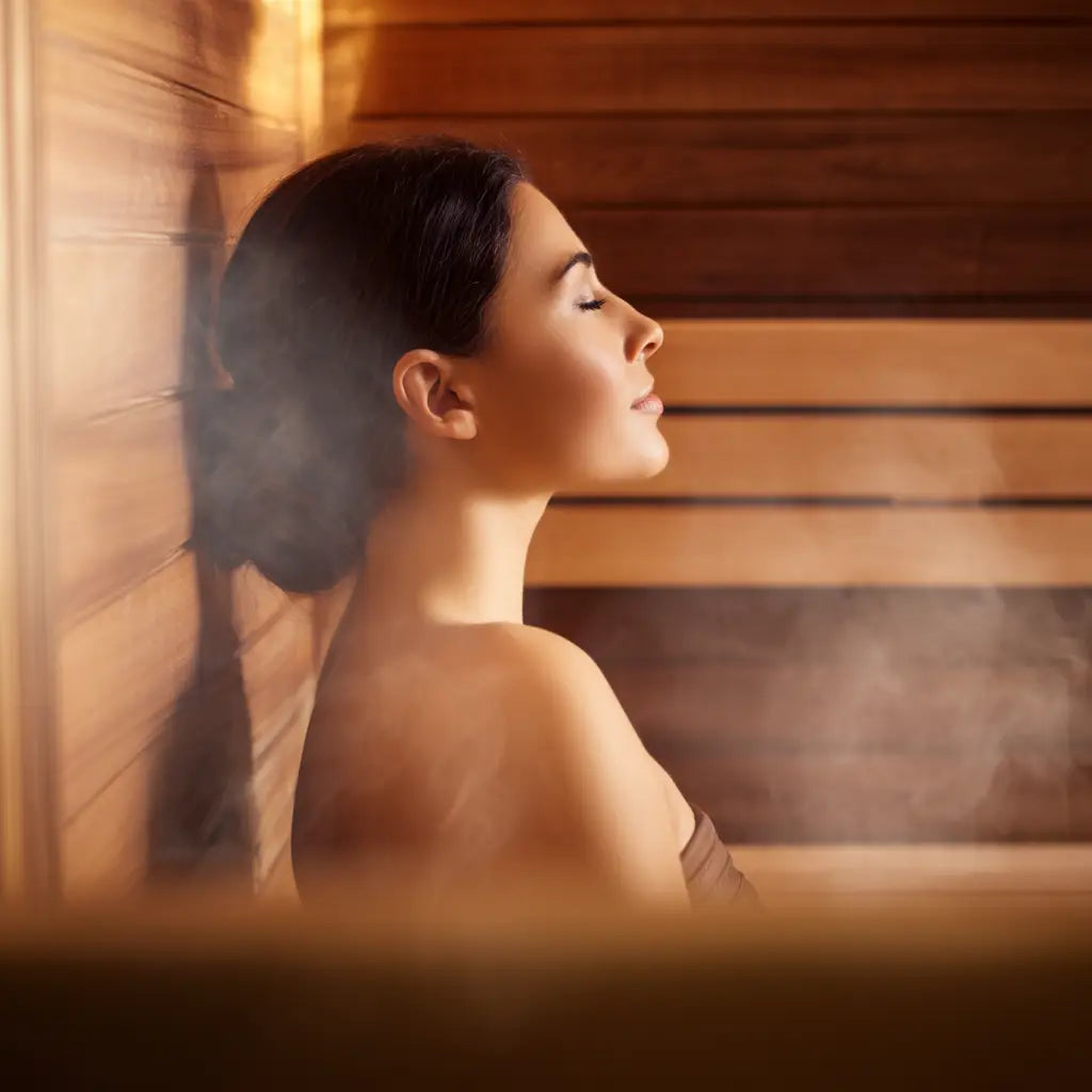 Person relaxing inside a traditional home sauna with warm wood walls, bench seating, and rising steam.