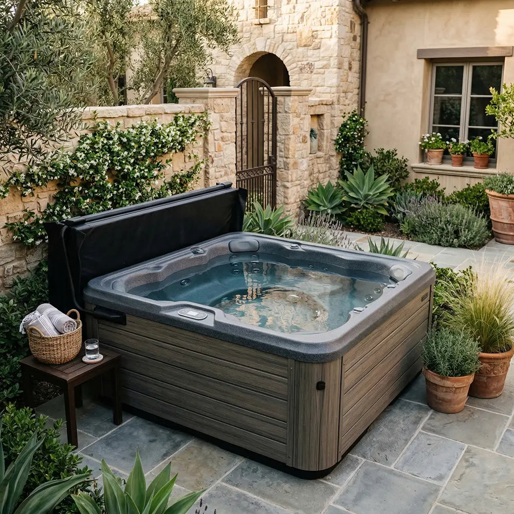 Portable hot tub in a stone courtyard garden with an open cover and surrounding potted plants.