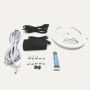 PROSAUNAS sauna light kit with 16-ft LED strip, power supply, cable, clips, screws, and silicone