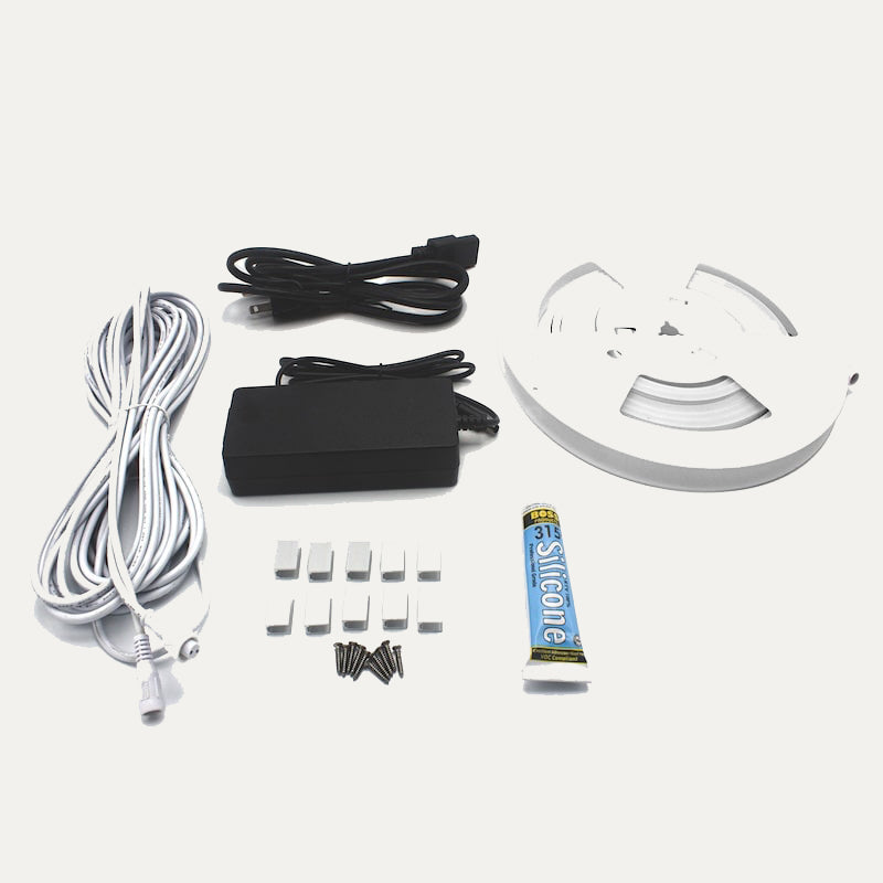PROSAUNAS sauna light kit with 16-ft LED strip, power supply, cable, clips, screws, and silicone