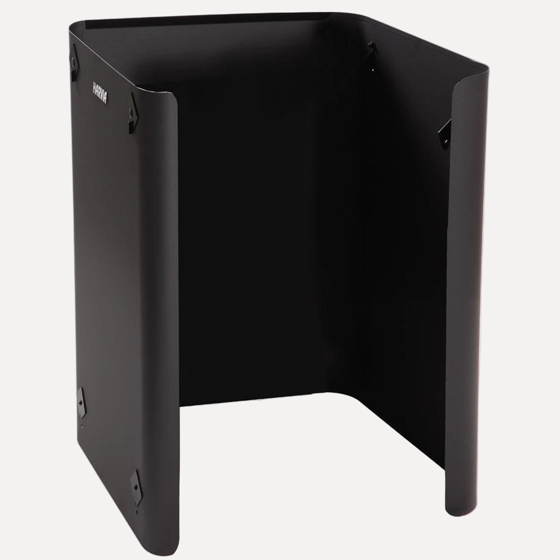 Harvia WL590 Sauna Stove Protective Sheath, Side and Rear, standalone black three sided steel guard on white background showing mounting holes and logo