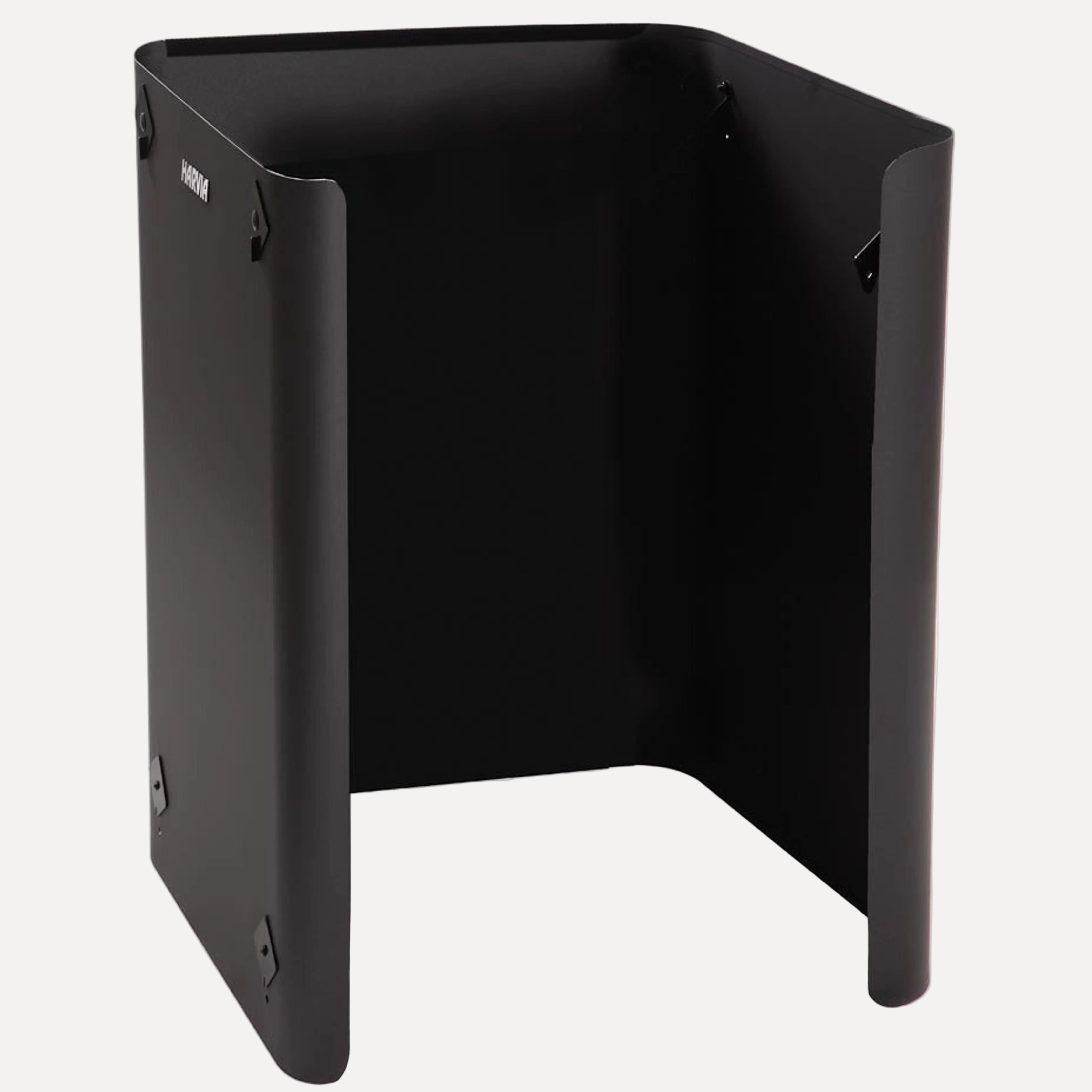 Harvia WL590 Sauna Stove Protective Sheath, Side and Rear, standalone black three sided steel guard on white background showing mounting holes and logo