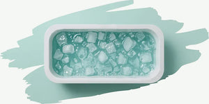Rectangular cold plunge tub filled with ice water, shown from above as a home recovery graphic.