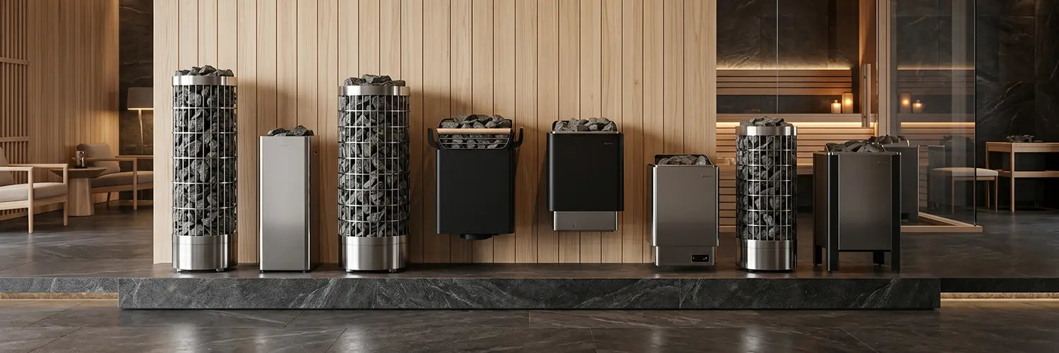 Lineup of Harvia and HUUM electric sauna heaters, including pillar, wall-mounted, and floor-standing models in a contemporary showroom.