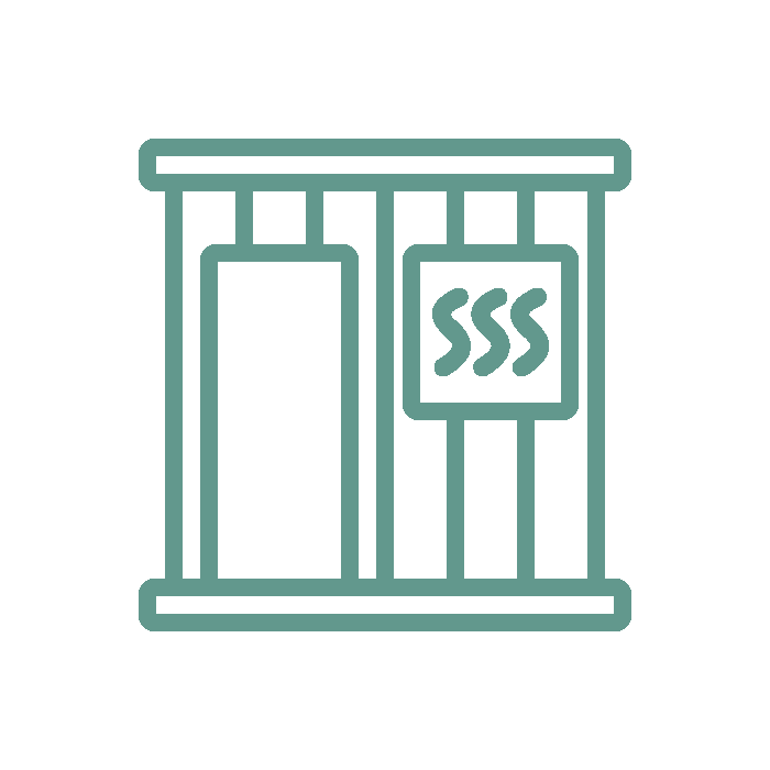 Icon of a sauna with 'SSS' sign on a white background