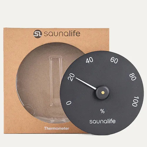 SaunaLife black sauna hygrometer with packaging and easy-to-read humidity dial
