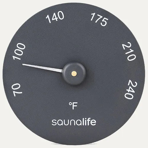 SaunaLife black round Fahrenheit sauna thermometer showing 70°F to 240°F dial