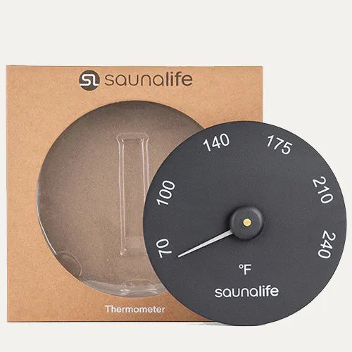 SaunaLife black round Fahrenheit sauna thermometer with packaging