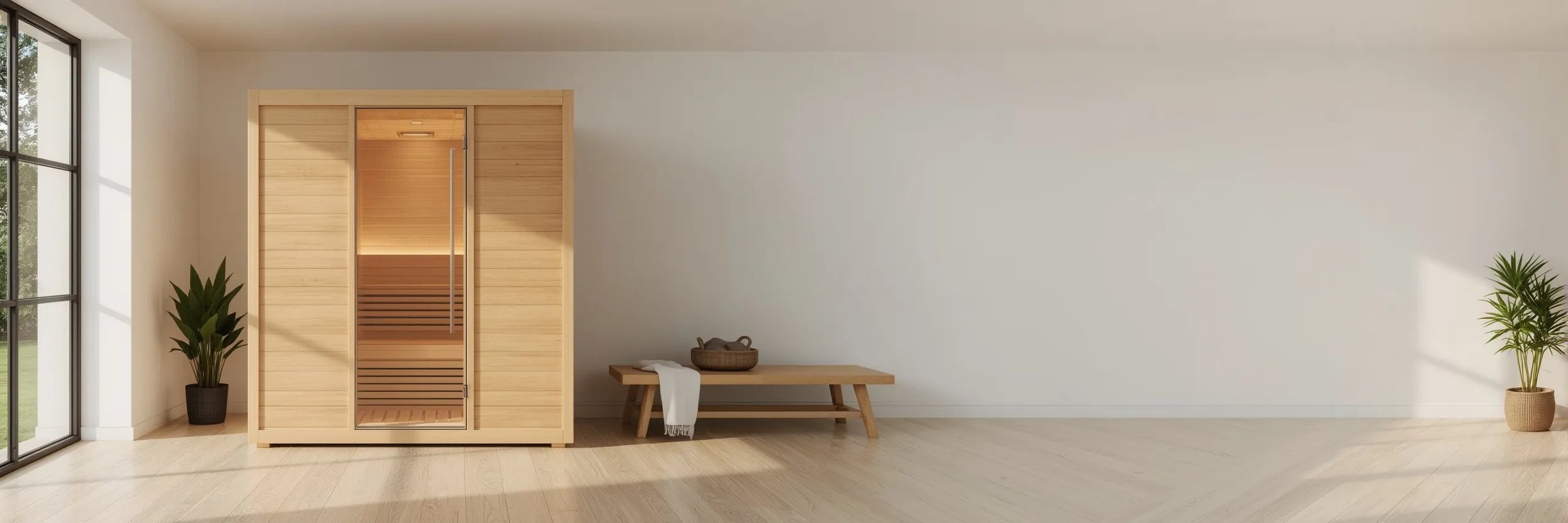 Small indoor sauna for home in a bright modern room with a glass door and natural wood finish. A clean premium indoor sauna look that fits indoor sauna kits and 1-2 person indoor sauna spaces