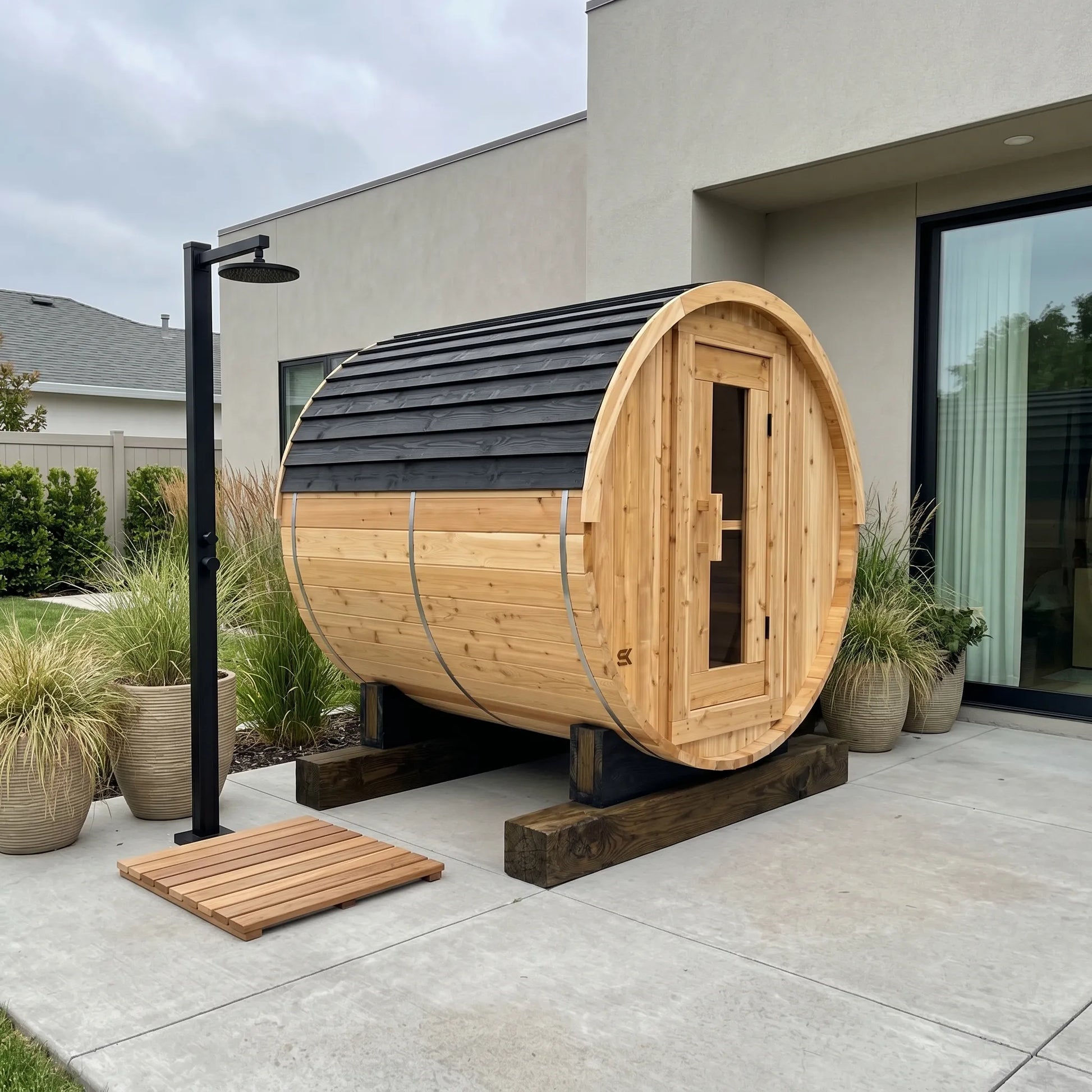 The Sweat Barrel cedar barrel sauna in a modern American backyard with outdoor cold shower, ornamental grasses, and concrete patio.