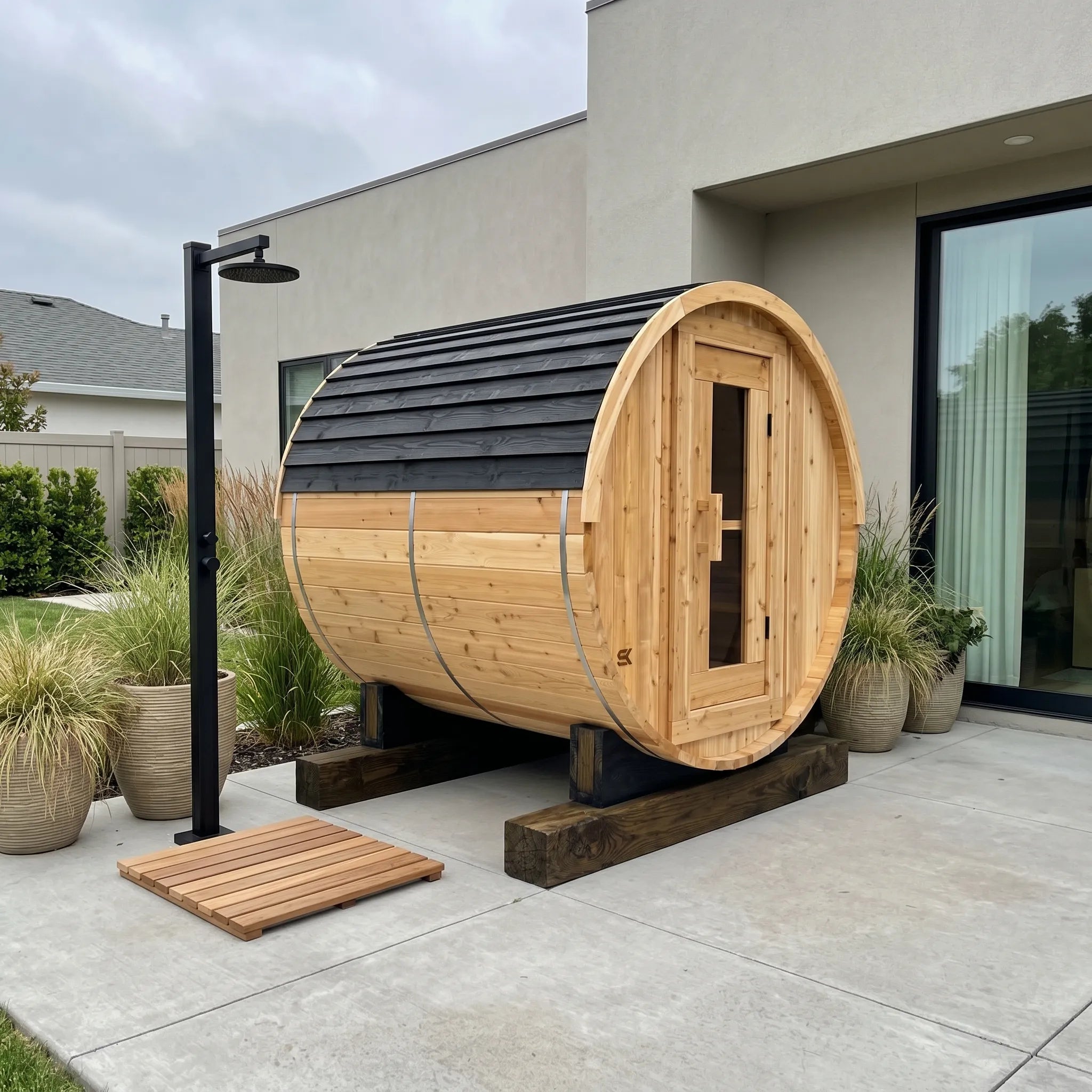 The Sweat Barrel cedar barrel sauna in a modern American backyard with outdoor cold shower, ornamental grasses, and concrete patio.