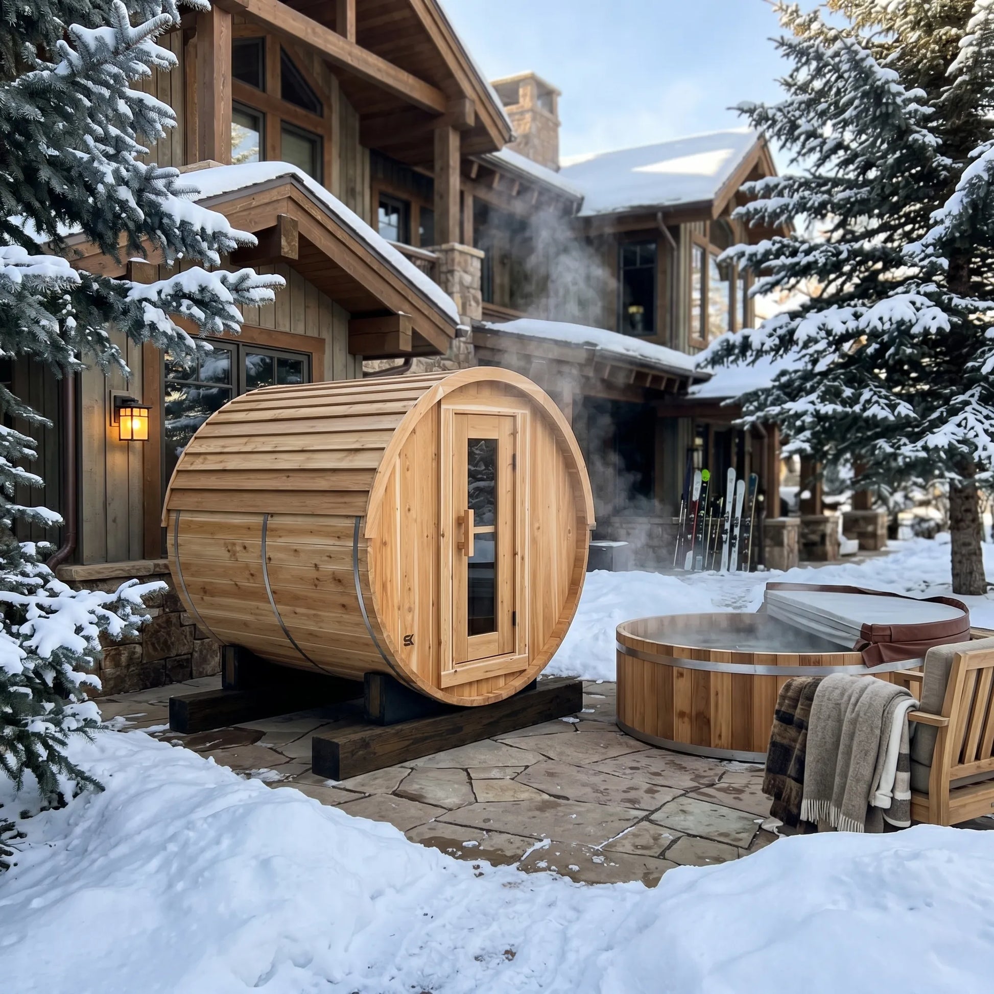 The Sweat Barrel cedar barrel sauna at a snowy mountain lodge with cedar hot tub, stone patio, and ski equipment in winter.
