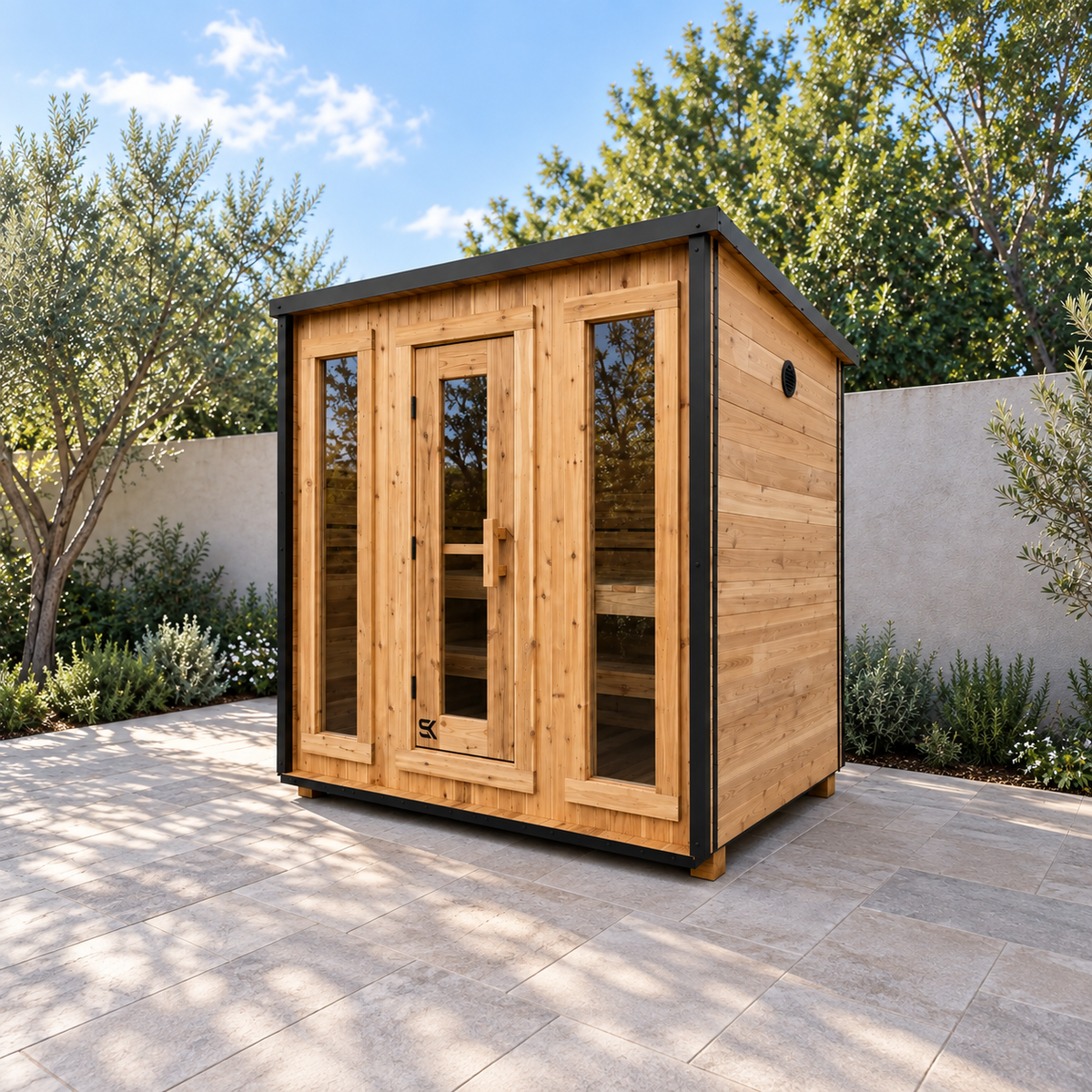 Lifestyle visualization of the Sweat Kingdom Ascent 6-person sauna in a residential courtyard, front-right view.