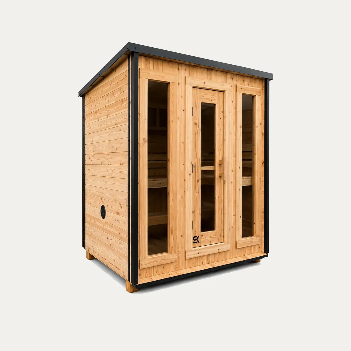 Sweat Kingdom Ascent 6-person sauna showing the glass front, left exterior wall, and lower side vent.
