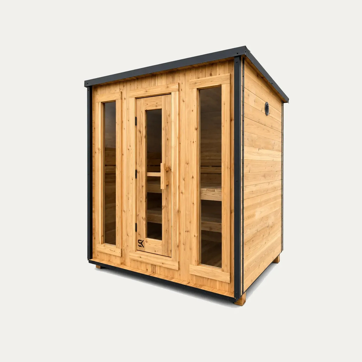 Sweat Kingdom Ascent 6-person sauna showing the glass door, two front windows, and right exterior wall.