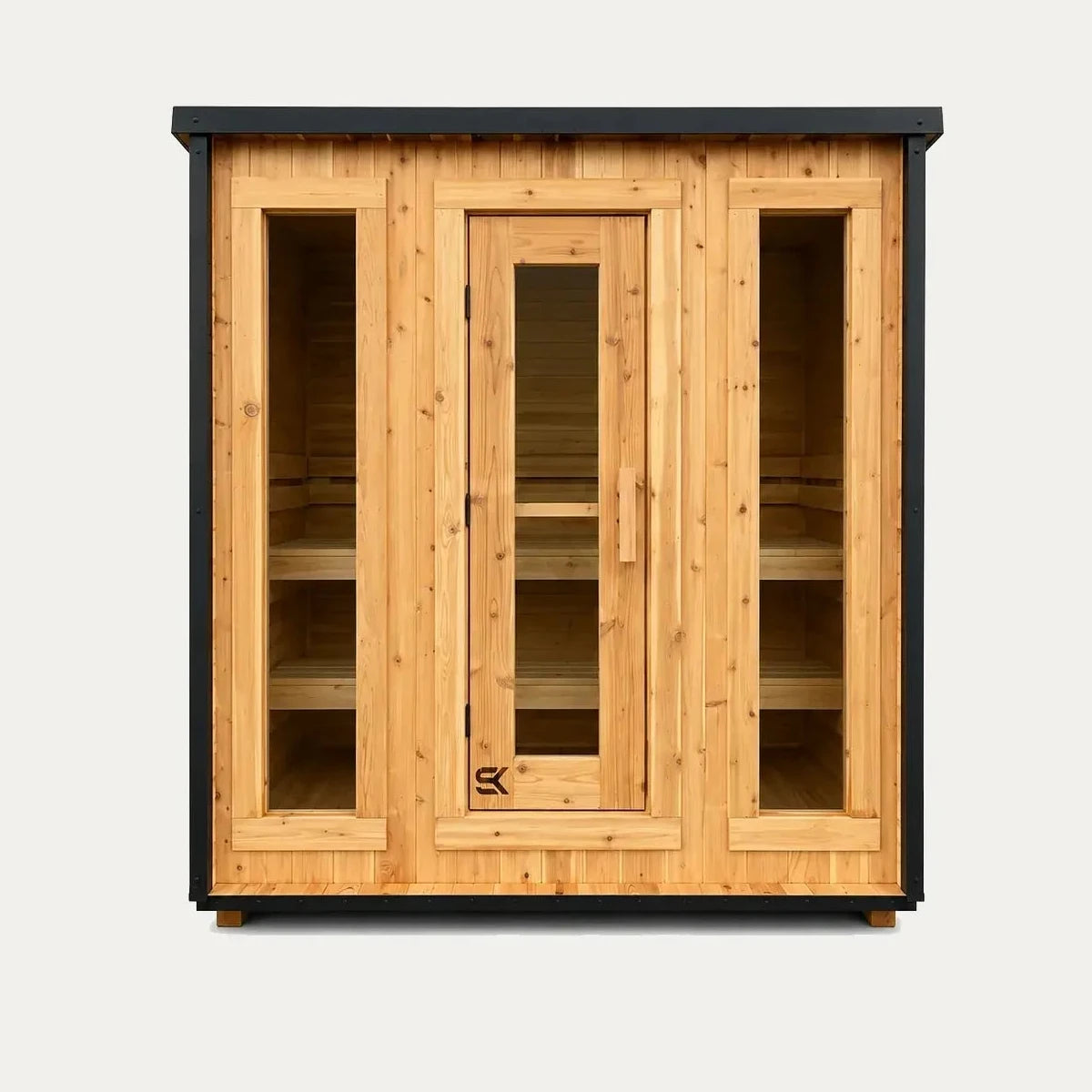 Front view of the Sweat Kingdom Ascent 6-person sauna with a central glass door and two full-height windows.