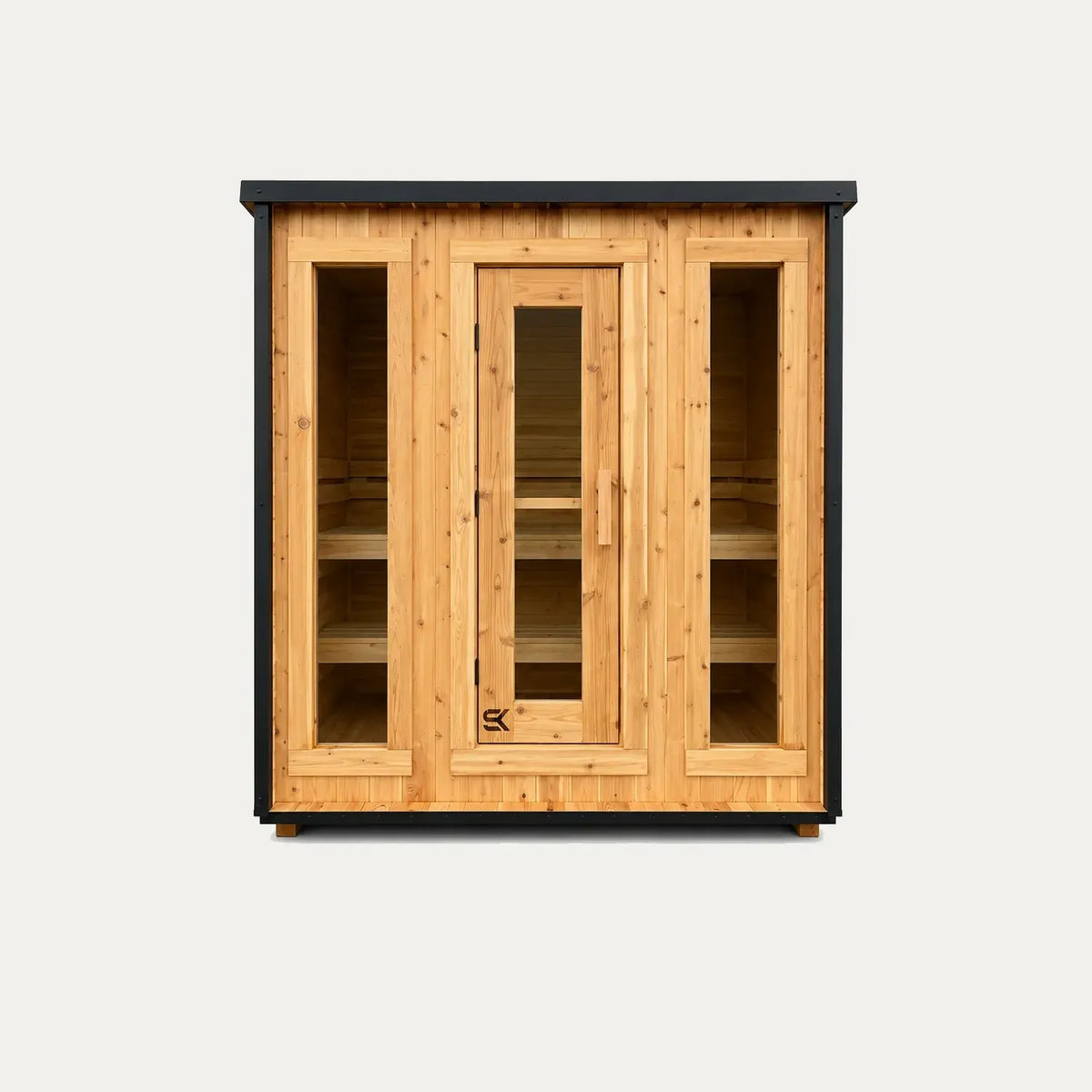 Front view of the Sweat Kingdom Ascent 6-person sauna with a central glass door and two full-height windows.