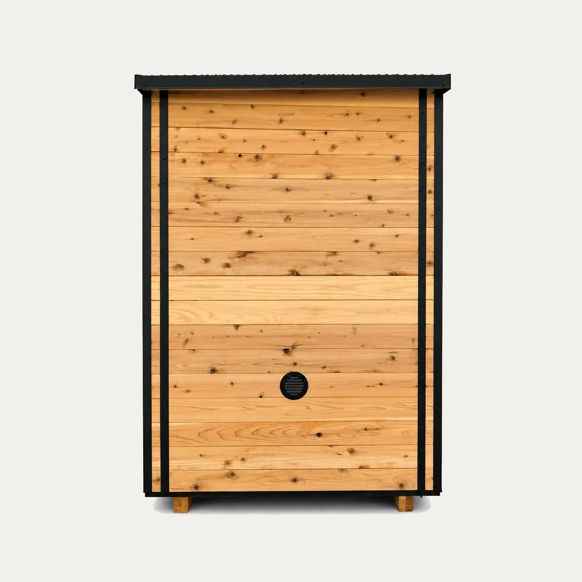 Opposite side of the Sweat Kingdom Ascent 6-person sauna showing wood siding, black trim, and a lower wall vent.