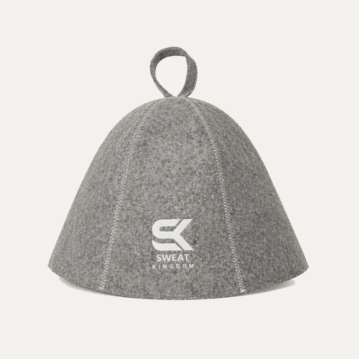 Gray Sweat Kingdom sauna hat on a clean white background showing front logo and stitching