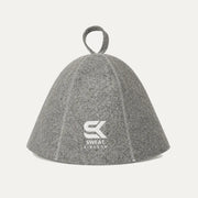 Gray Sweat Kingdom sauna hat on a clean white background showing front logo and stitching