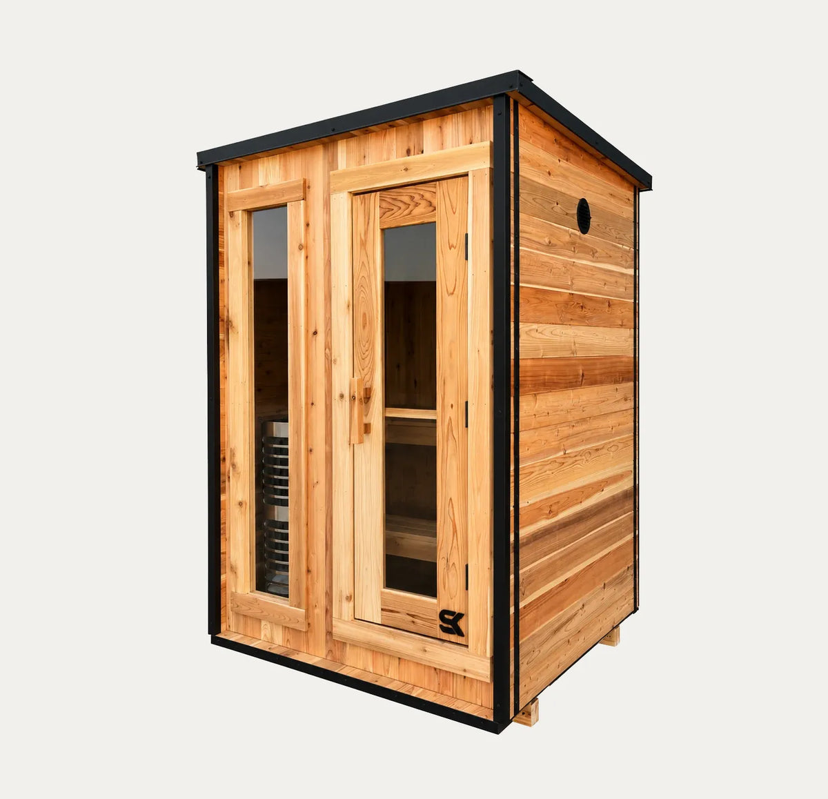 Sweat Kingdom Ridge 2-person sauna showing the front glass door, side window, and right exterior wall.