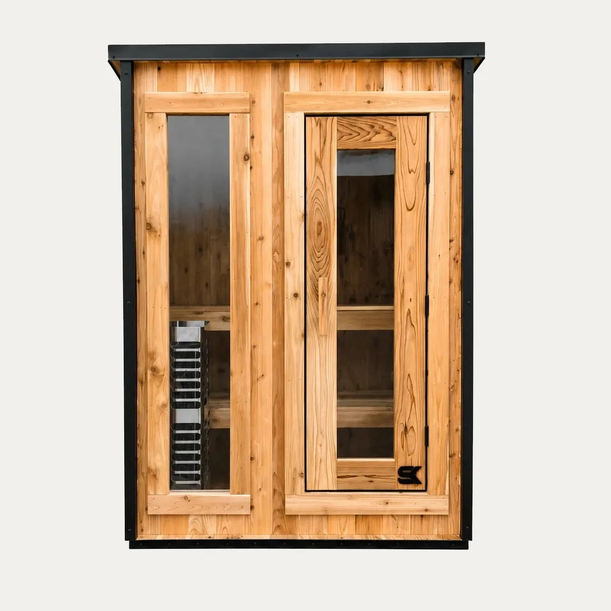 Front view of the Sweat Kingdom Ridge 2-person sauna with a glass door and full-height side window.