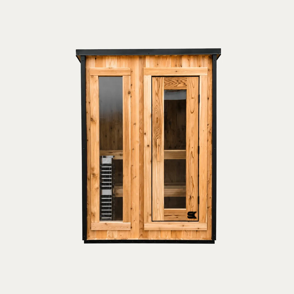 Front view of the Sweat Kingdom Ridge 2-person sauna with a glass door and full-height side window.