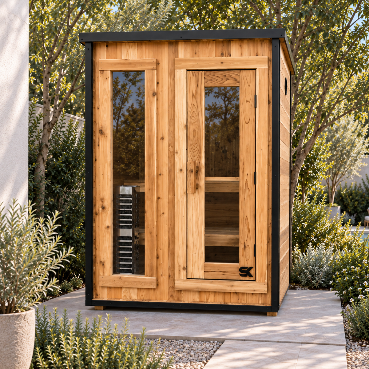 Lifestyle visualization of the Sweat Kingdom Ridge 2-person sauna on a prepared garden foundation, front view.
