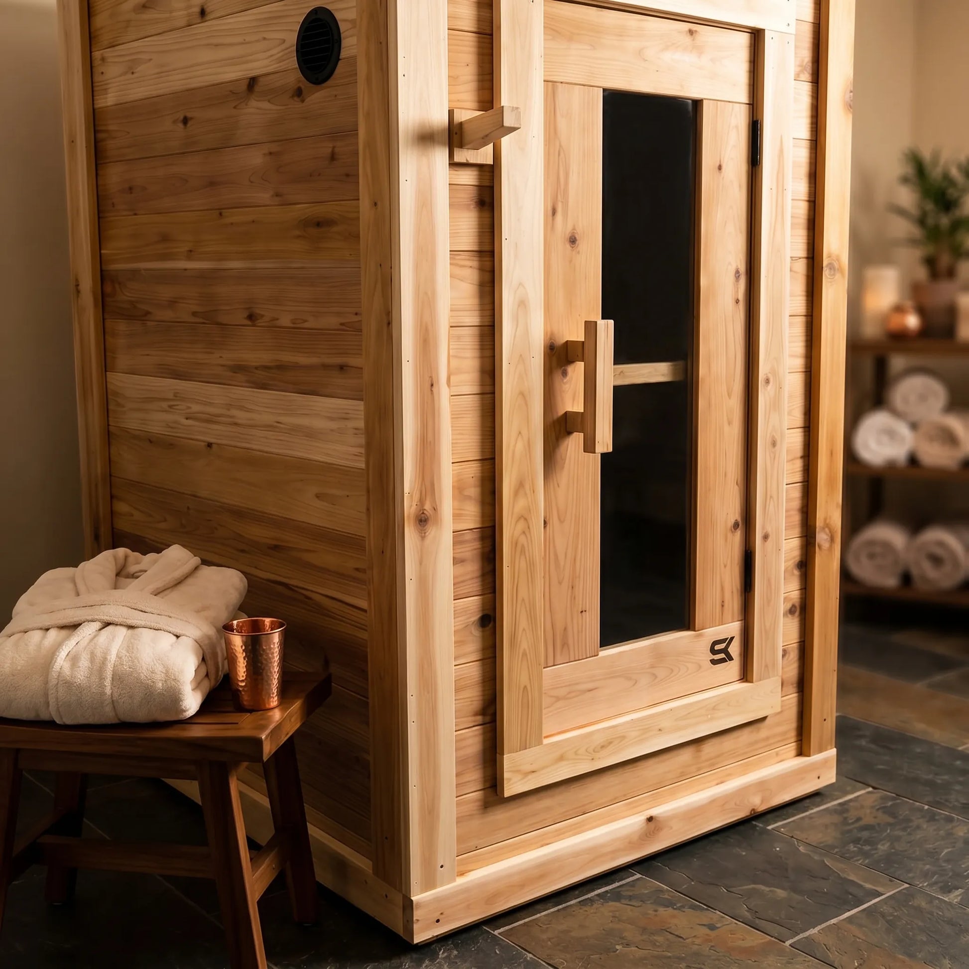 Close-up of The Sweat Box red cedar sauna door with glass panel, wooden handle, and spa towels.