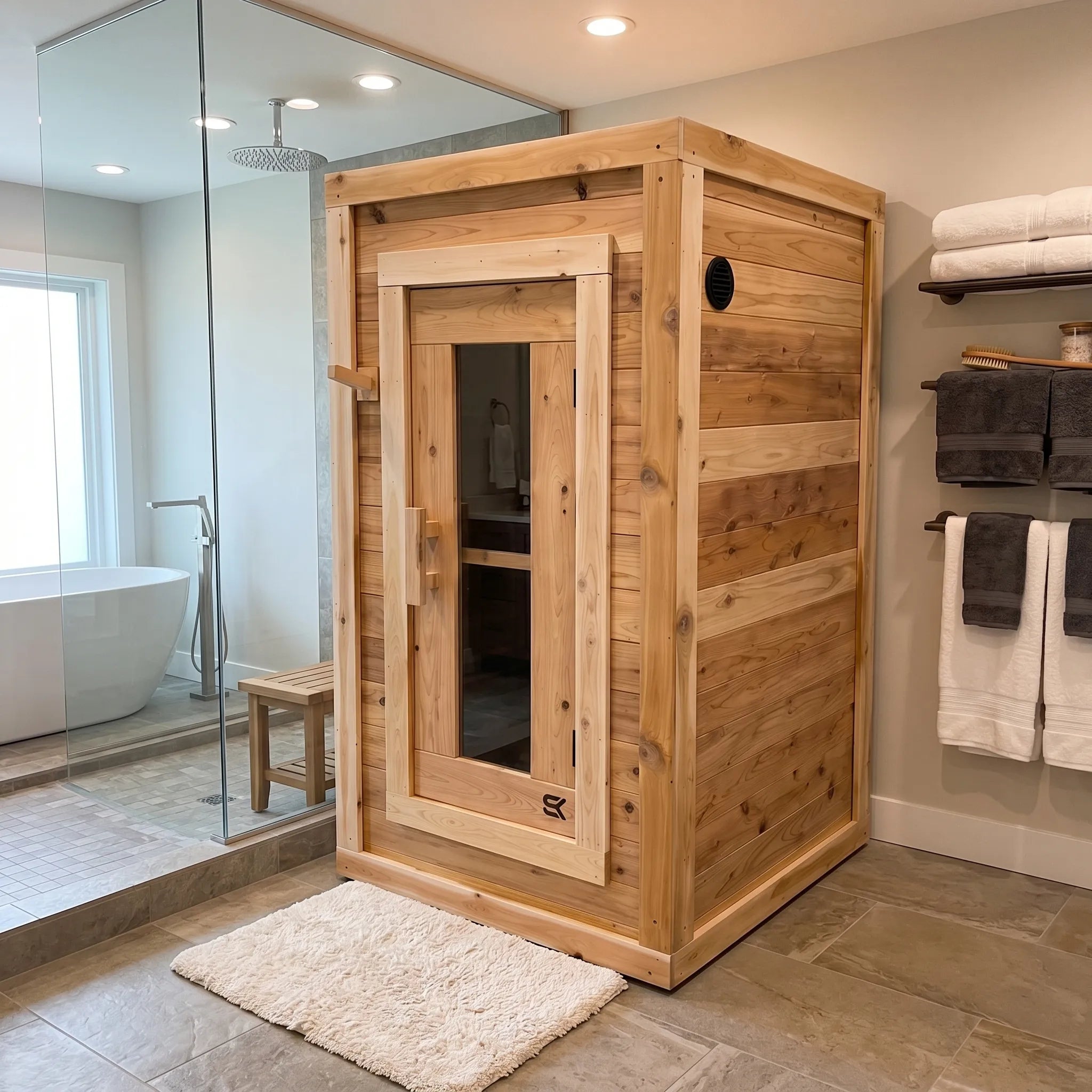 The Sweat Box red cedar one-person sauna in a bathroom with glass shower, bath mat, and towel shelves.